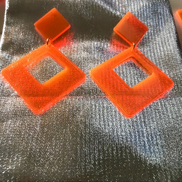 Neon Orange Large Acrylic Geometric Dangle Earrings - Picture 2 of 8
